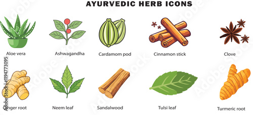 Ayurveda herb elements, icons, vector, 