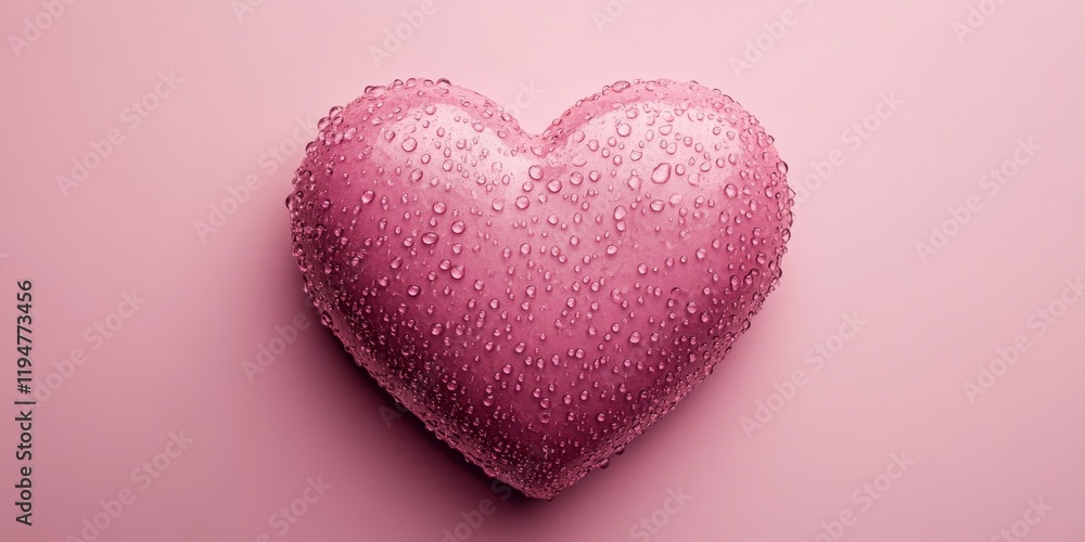 Pink heart shape with droplets positioned centrally on a soft pink background, creating a gentle contrast with the negative space surrounding it. Pink heart shape with droplets positioned centrally on a soft pink background, creating a gentle contrast with the negative space surrounding it.