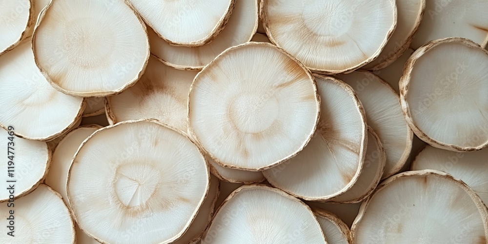Close up of Tongkat Ali slices displaying light beige and cream tones arranged in overlapping circular patterns highlighting their texture and detail Close up of Tongkat Ali slices displaying light beige and cream tones arranged in overlapping circular patterns highlighting their texture and detail