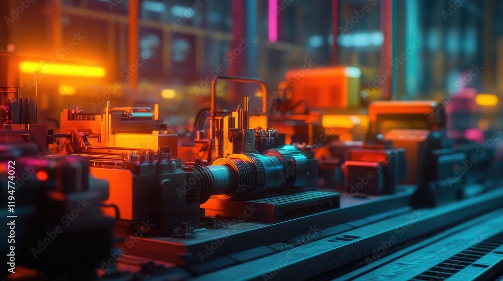 Fototapeta premium Industrial machinery illuminated with colorful lighting, showing intricate details on the factory floor with a blurred background.