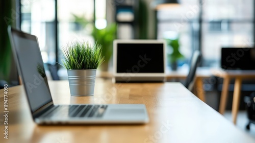 Wallpaper Mural Modern conference room table with laptops, a projector, and a sleek, minimalist design. Plenty of negative space in the background. Torontodigital.ca