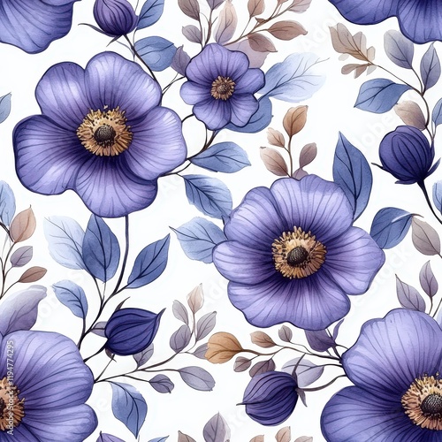 Wallpaper Mural Delicate Floral Hand-Drawn Watercolor Seamless Pattern Featuring Vibrant Purple Flowers and Leaves on a Soft Background Torontodigital.ca