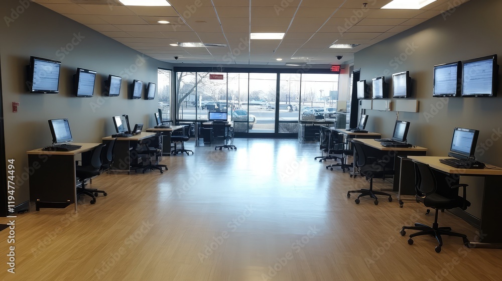 Modern coworking space featuring laptops, monitors, and high-tech office chairs with an open, spacious layout. Bright and inviting. Modern coworking space featuring laptops, monitors, and high-tech office chairs with an open, spacious layout. Bright and inviting.