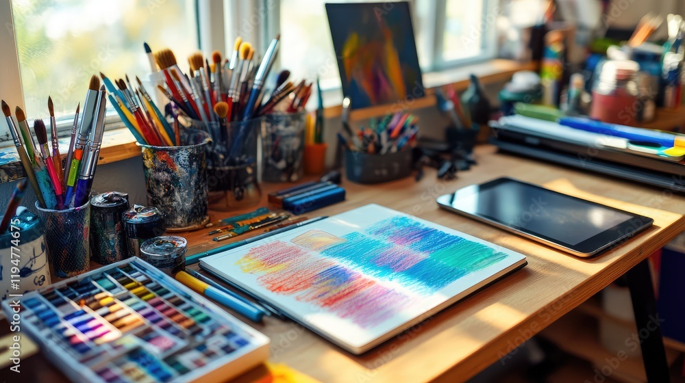 Modern creative desk with art supplies, an open sketchbook, and a tablet on a wooden surface. Modern creative desk with art supplies, an open sketchbook, and a tablet on a wooden surface.