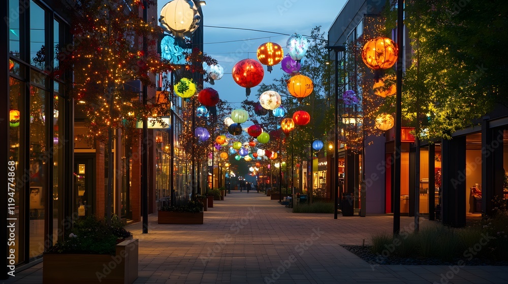 Fototapeta premium An urban street decorated with an array of lanterns and twinkling fairy lights, casting a soft glow over the surroundings, bringing life and color to the Festival of Lights celebration. 