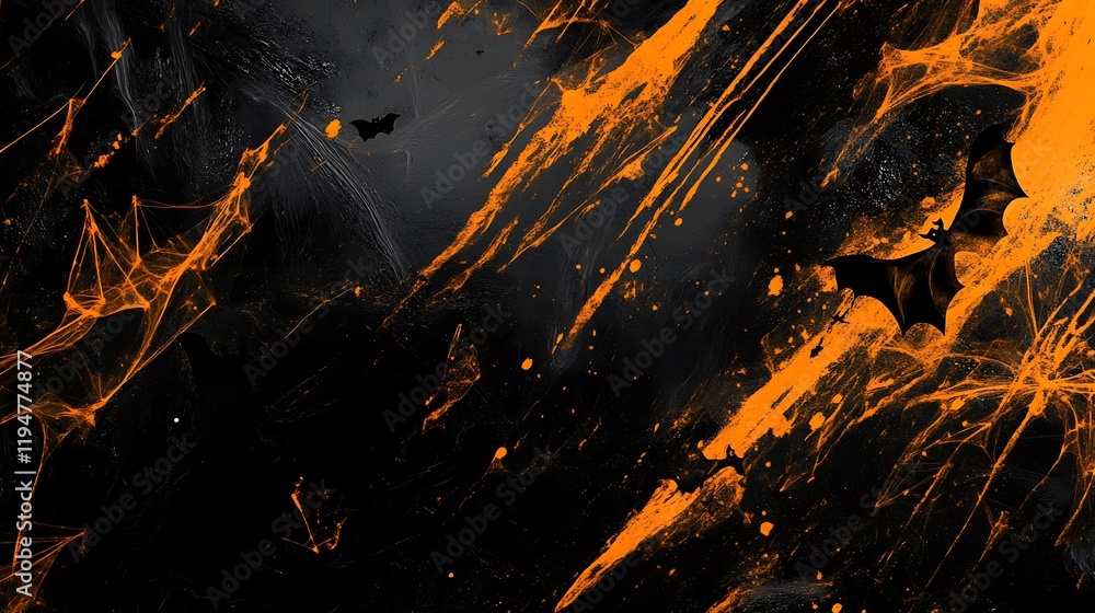 Dark Halloween ambiance with orange and black tones bats pumpkins and spider webs Dark Halloween ambiance with orange and black tones bats pumpkins and spider webs