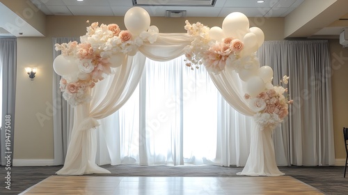 A beautifully completed DIY arch backdrop set up at an event, featuring elegant, hand-crafted decorations with a mix of flowers, fabric, and balloons, perfect for creating a unique and custom 