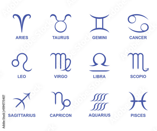 Modern design set of Zodiac sign horoscope symbol, Aries, Taurus, Gemini, Cancer, Leo, Virgo, Libra, Scorpio, Sagittarius, Capricorn, Aquarius, Pisces