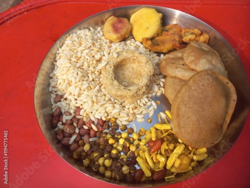 Food items consumed by Bengalis during Makar Sankranti festival are Narkel Naru (coconut sweet made with jaggery) Moa (round puffed jaggery rice) and Tilkut sweets and puffed rice rotis with peanut an photo