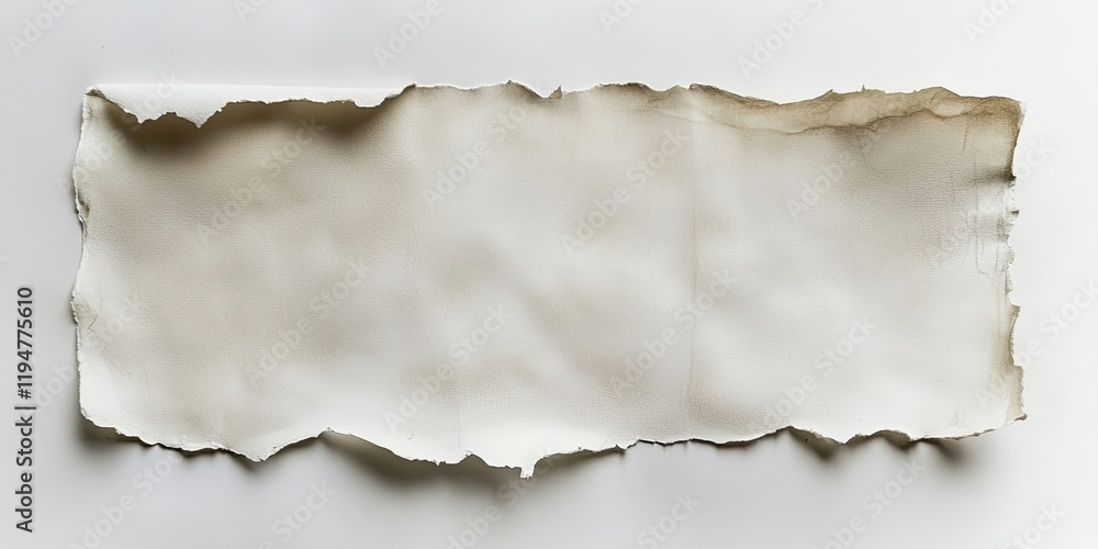 Torn sheet of textured paper with irregular edges positioned centrally against a clean white background emphasizing its natural imperfections. Torn sheet of textured paper with irregular edges positioned centrally against a clean white background emphasizing its natural imperfections.