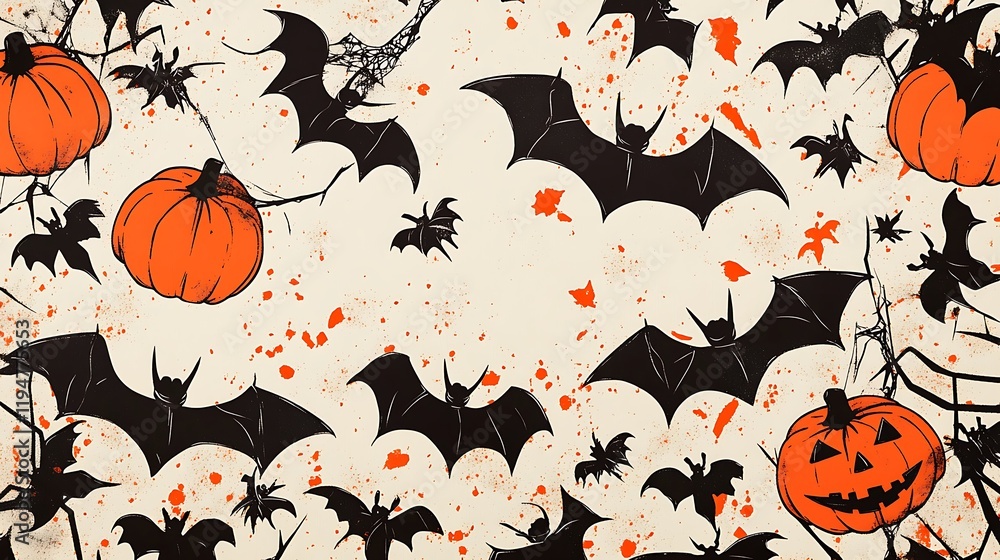 Fototapeta premium Halloween inspired design with black and orange bats pumpkins and spiders