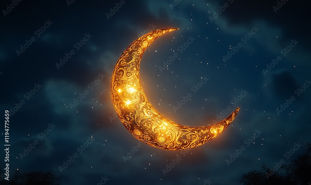 Ornate glowing crescent moon in night sky.