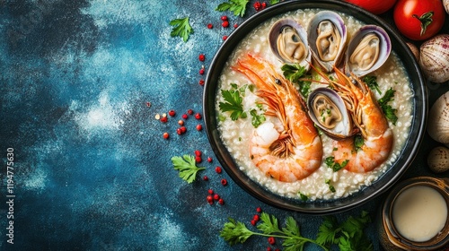 Seafood porridge garnished with herbs and fresh seafood like clams and shrimp, sitting on a colorful background. photo