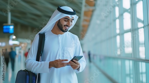 a man in a white robe and backpack looking at his phone photo