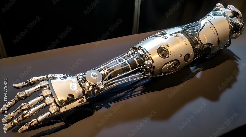 Naklejka premium A detailed view of a high-tech prosthetic leg with sensors attached, showing the integration of real-time sensory feedback that allows the wearer to interact with their environment. 