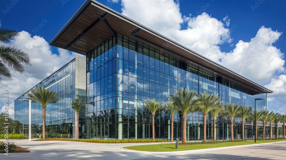 Modern office building with glass facade reflecting the blue sky and white clouds. Sleek architecture, clean lines, and plenty of negative space for overlays. Modern office building with glass facade reflecting the blue sky and white clouds. Sleek architecture, clean lines, and plenty of negative space for overlays.