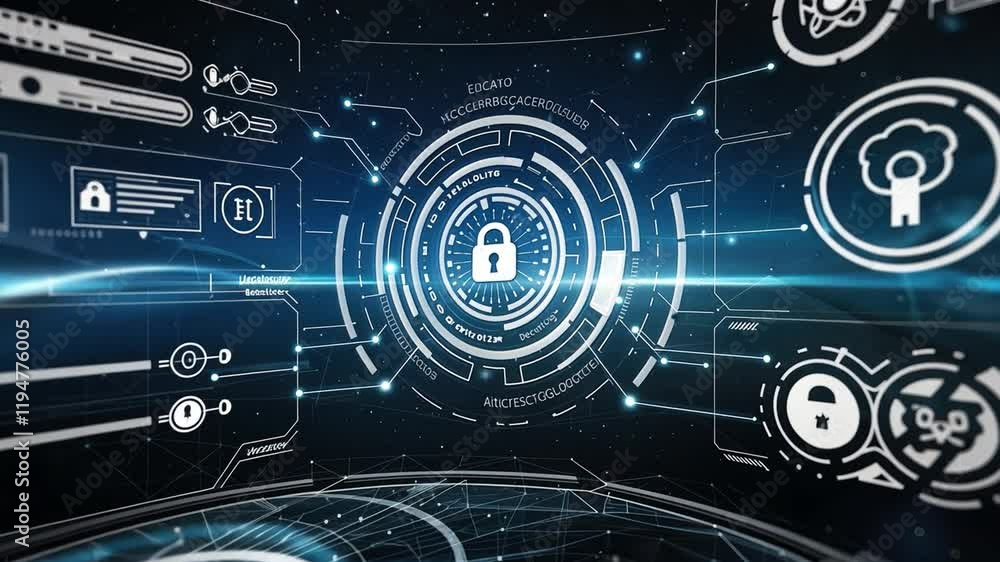 Futuristic digital interface displays a central padlock icon surrounded by glowing data streams and security symbols Futuristic digital interface displays a central padlock icon surrounded by glowing data streams and security symbols