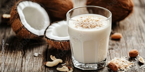 Coconut milk in a glass topped with flakes and nuts on a rustic wooden table with halved coconuts and scattered almonds in the background photo