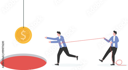 Money trap and business risks, insurance concept. Vector of greedy businessman running to the bait, another man trying stop him.
