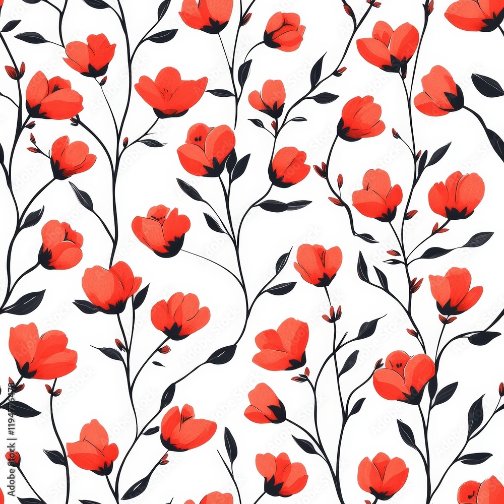 Obraz premium Seamless Pattern Design Featuring Vibrant Red Flowers on a White Background for Elegant Floral Decor and Creative Projects