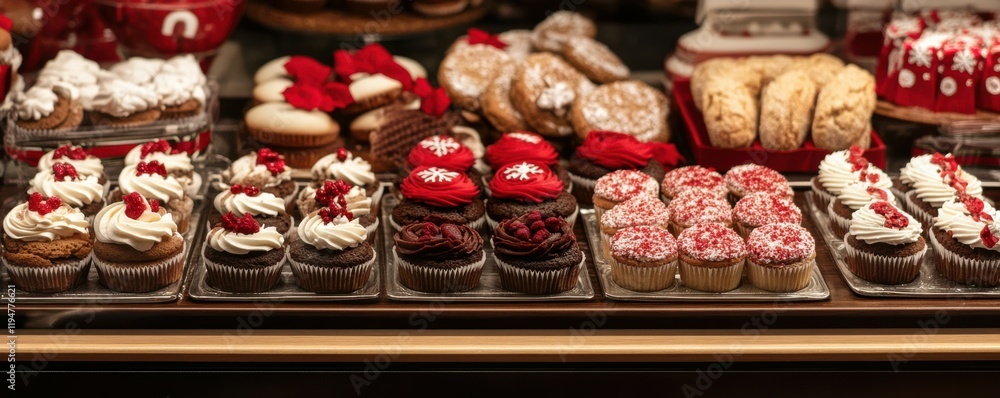 A festive bakery display with Christmas-themed cupcakes and cookies, 4K photo. A festive bakery display with Christmas-themed cupcakes and cookies, 4K photo.