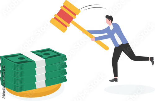 Gavel with stack paper currency. Bribery, unfair concept.
