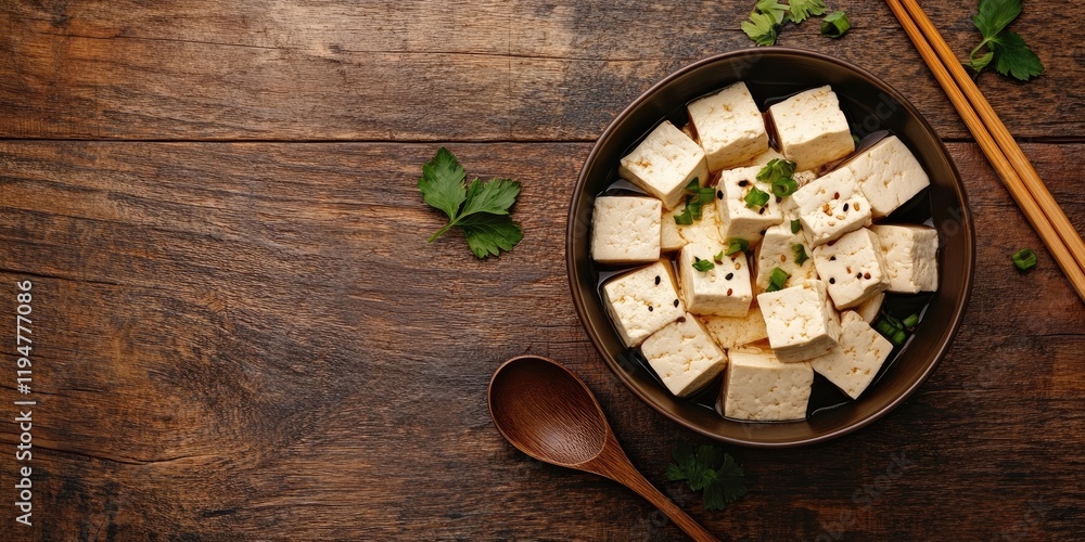 Tofu cubes garnished with herbs in a deep brown bowl beside a wooden spoon and chopsticks on a rustic wooden table with space for text Tofu cubes garnished with herbs in a deep brown bowl beside a wooden spoon and chopsticks on a rustic wooden table with space for text