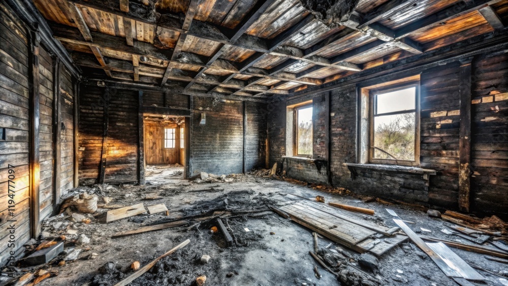 Charred Remains of a Wooden Structure Interior View of a Fire-Damaged Building Showing Extensive Damage to Walls, Ceiling, and Floor Charred Remains of a Wooden Structure Interior View of a Fire-Damaged Building Showing Extensive Damage to Walls, Ceiling, and Floor