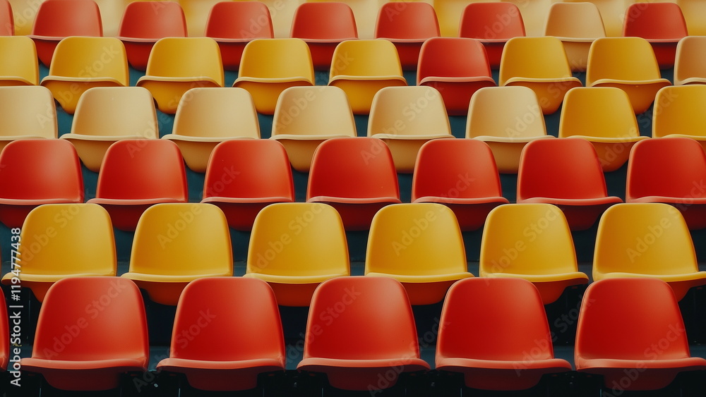 Obraz premium Different shade of orange colour audience new plastic seat in an indoor stadium, many rows, full picture of seats