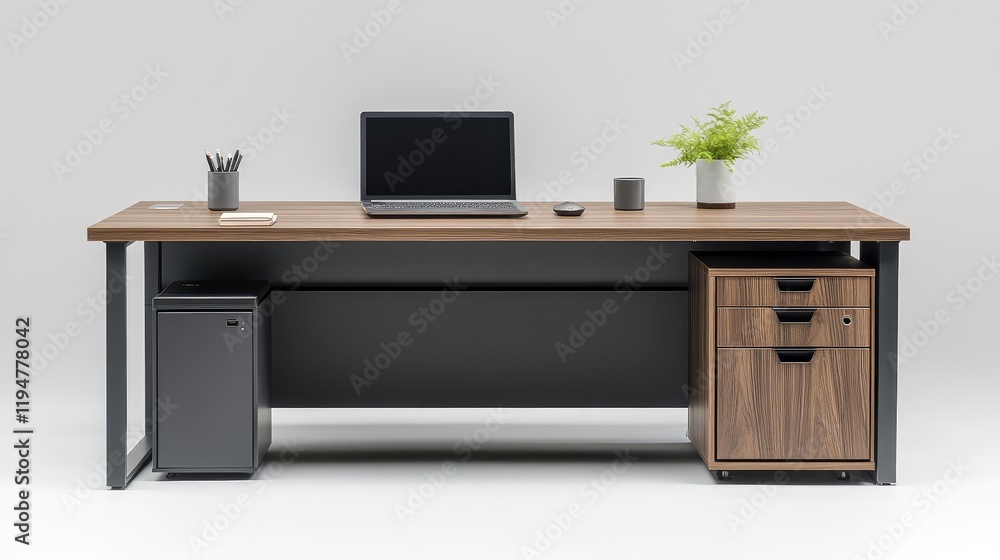 Neatly arranged office desk with a closed laptop, pen holder, and coffee mug placed against a minimal gray wall. Neatly arranged office desk with a closed laptop, pen holder, and coffee mug placed against a minimal gray wall.
