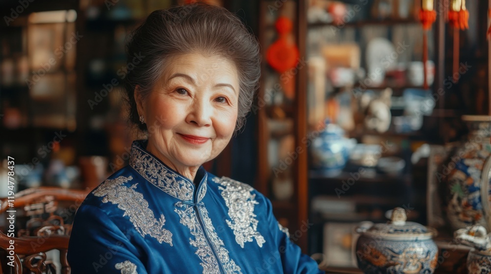 Fototapeta premium Portrait of an Older Woman in Deep Blue Traditional Attire