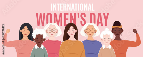 International Women's Day horizontal banner with women of different generations. Vector illustration in flat style. 8 March. 