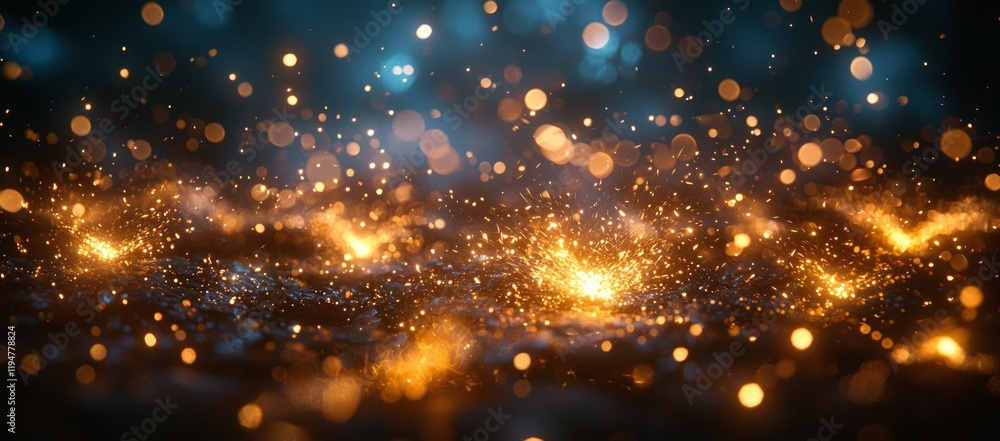 Obraz premium Golden sparkles, dark background, bokeh lights, festive celebration