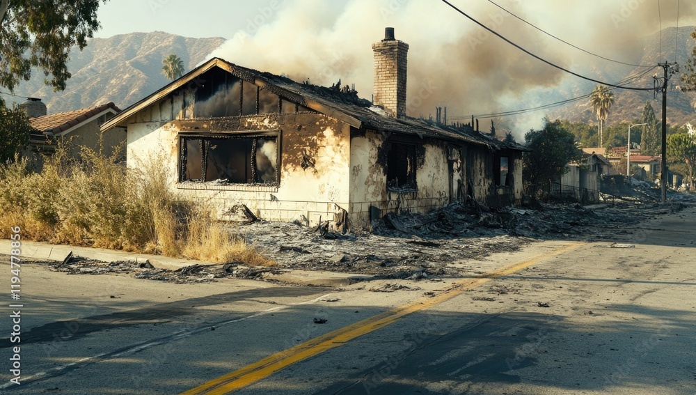 The remains of a house smolder in Las Vegas, California as thick smoke billows into the sky. The destruction left behind highlights the devastation caused by the recent fire The remains of a house smolder in Las Vegas, California as thick smoke billows into the sky. The destruction left behind highlights the devastation caused by the recent fire