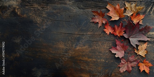 Aerial flatlay of vibrant red and orange maple leaves scattered in the upper right corner on a dark wooden surface with space for text photo