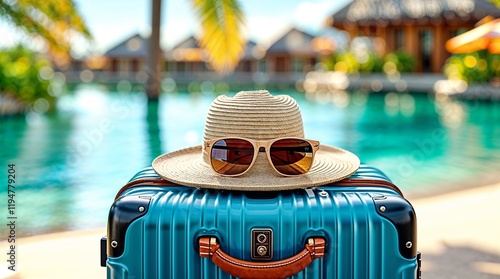 Colourful high suitcase on the beach with a straw hat and sunglasses with a tropical resort on background