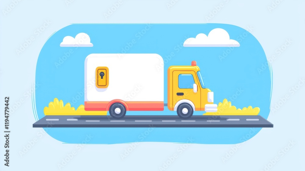 Naklejka premium Delivery truck in motion on open road digital illustration bright sky transportation concept