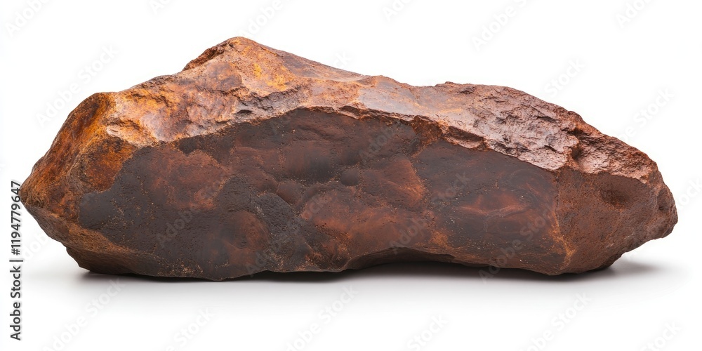 Brown meteorite with pitted, weathered surface centered on white background with ample space for text, showcasing unique texture and color variations. Brown meteorite with pitted, weathered surface centered on white background with ample space for text, showcasing unique texture and color variations.