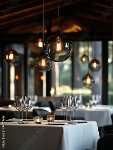 Elegant restaurant interior with stylish pendant lights and tables set for dinner.
