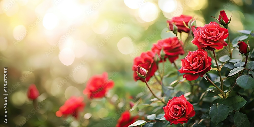 Vibrant red rose cluster with green foliage in the foreground and a softly blurred natural background illuminated by warm sunlight Vibrant red rose cluster with green foliage in the foreground and a softly blurred natural background illuminated by warm sunlight