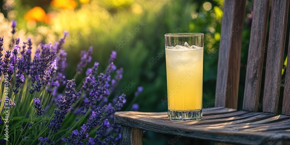 Refreshing glass of lemonade with ice on wooden chair surrounded by blooming lavender flowers under soft sunlight in vibrant garden setting Refreshing glass of lemonade with ice on wooden chair surrounded by blooming lavender flowers under soft sunlight in vibrant garden setting