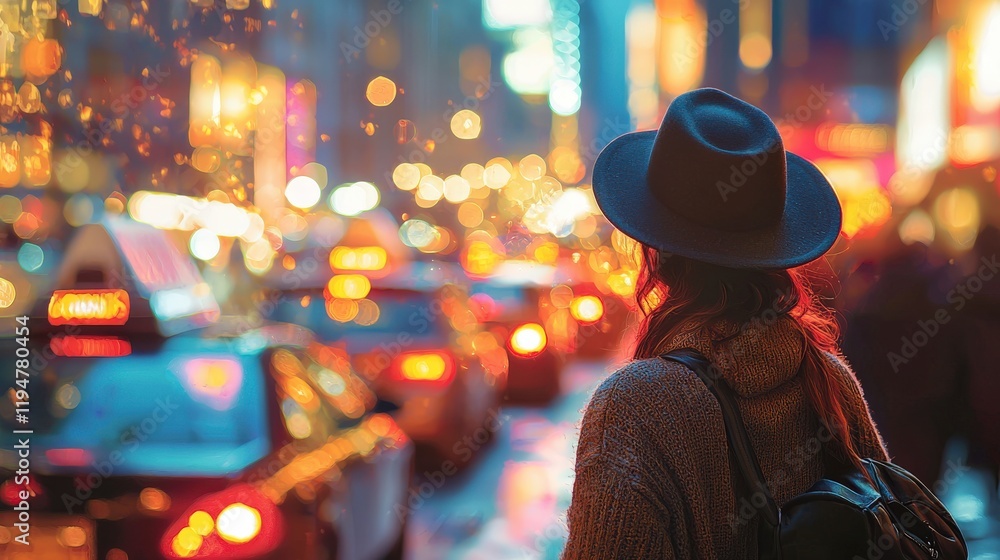 A person with a hat and sweater looks at a lively city street filled with cabs and colorful bokeh lights, capturing the essence of metropolitan life. A person with a hat and sweater looks at a lively city street filled with cabs and colorful bokeh lights, capturing the essence of metropolitan life.