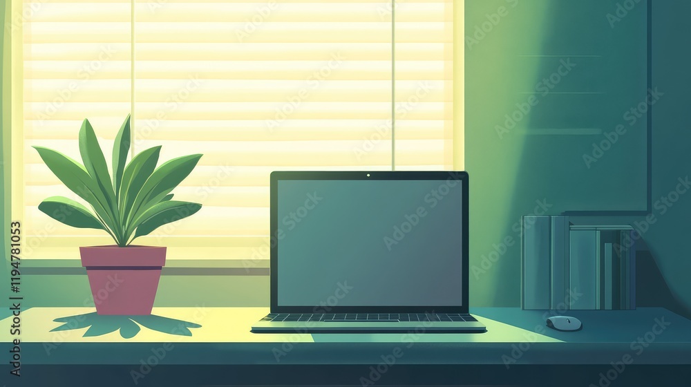 Professional workspace layout with a blank laptop screen, wireless mouse, and a small plant on a sleek table. Professional workspace layout with a blank laptop screen, wireless mouse, and a small plant on a sleek table.
