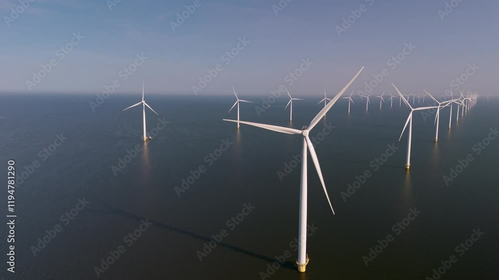 A breathtaking view of wind turbines standing tall against the blue sky in the Netherlands. Windmill park in the ocean, drone aerial view of windmill turbines generating green energy A breathtaking view of wind turbines standing tall against the blue sky in the Netherlands. Windmill park in the ocean, drone aerial view of windmill turbines generating green energy
