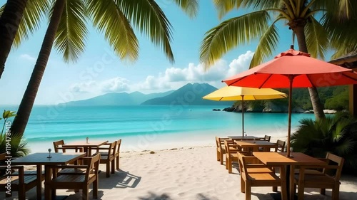 Wallpaper Mural Beach cafe with palm trees and colorful umbrellas, turquoise ocean waves gently lapping at the shore Torontodigital.ca