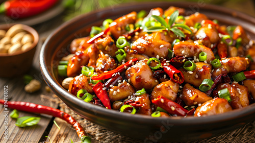 Appetizing Kung Pao Chicken Dish Served in Traditional Bowl Embellished with Vital Asian Ingredients photo