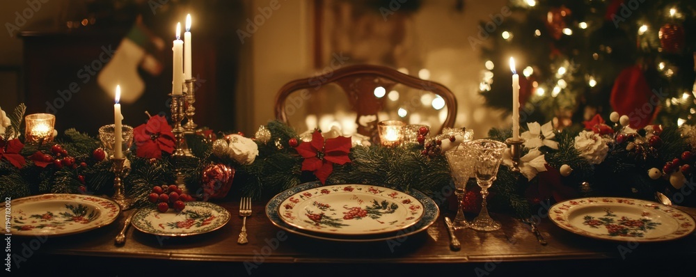 A festive table setting with holiday-themed plates, candles, and garlands, 4K photo. A festive table setting with holiday-themed plates, candles, and garlands, 4K photo.