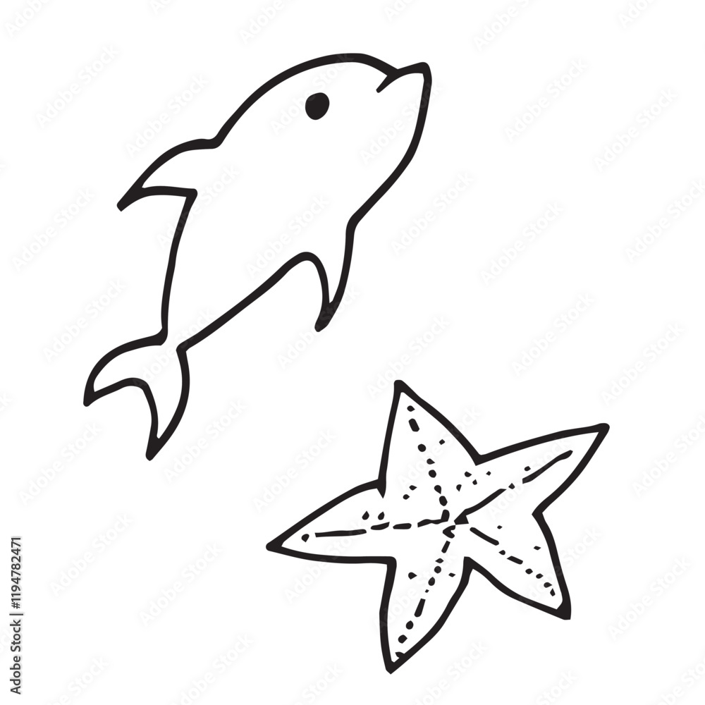 Obraz premium starfish and dolphin sea ocean black and white vector illustration set doodle isolated on white background base for textile typography postcard design