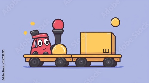 Colorful cartoon train carrying boxes animated scene playful environment childlike perspective fun concept