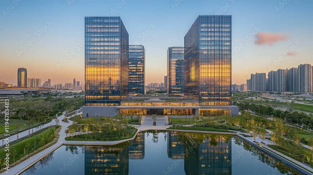 Obraz premium Sunset view of office towers with glowing reflections on glass surfaces, surrounded by landscaped pathways. Spacious composition.
